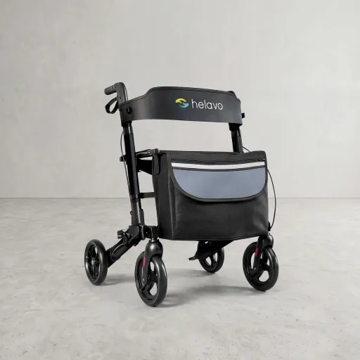 Helavo Andador de aluminio plegable con asiento y bolsa